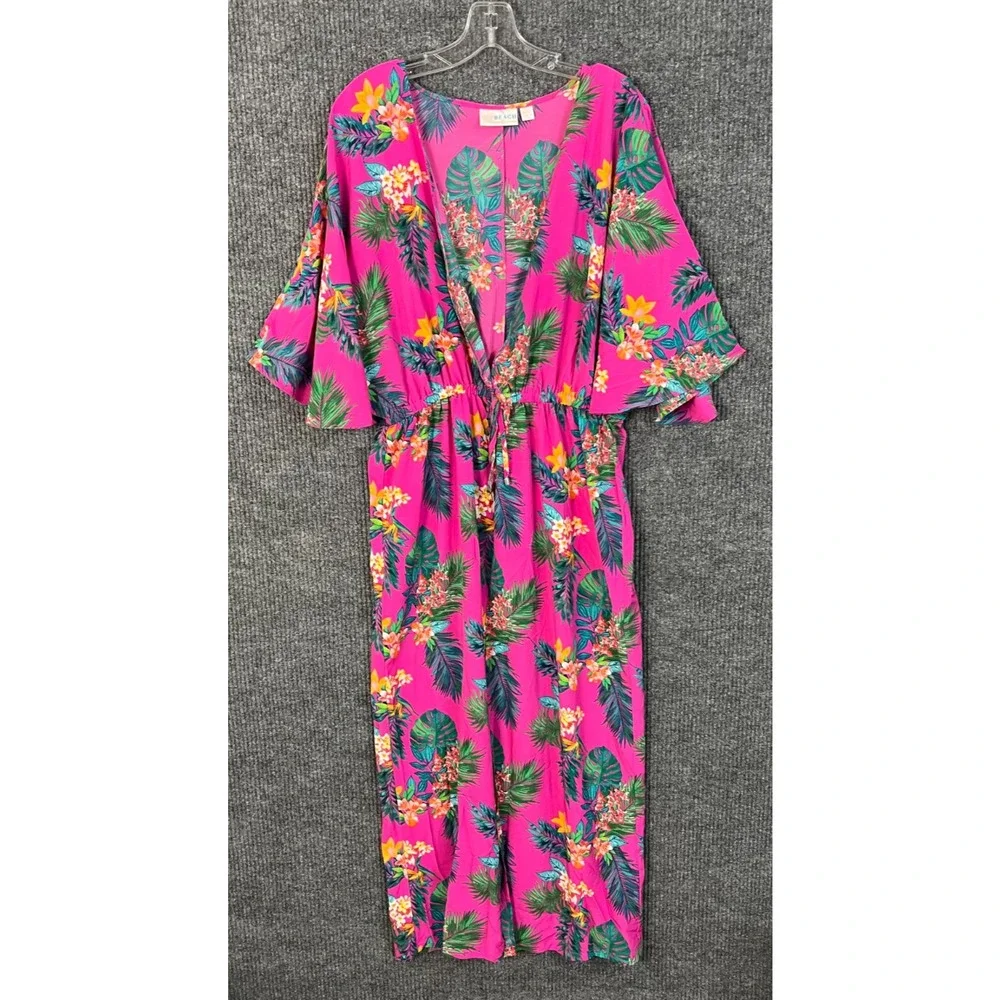 Belle Kim Gravel Cover Up Womens Medium/Large Pink Tropical Short Sleeve Boho